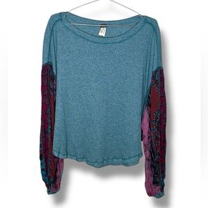 WE THE FREE oversized Womens Green/Patchwork sleeved Waffle Knit Top Sz S
